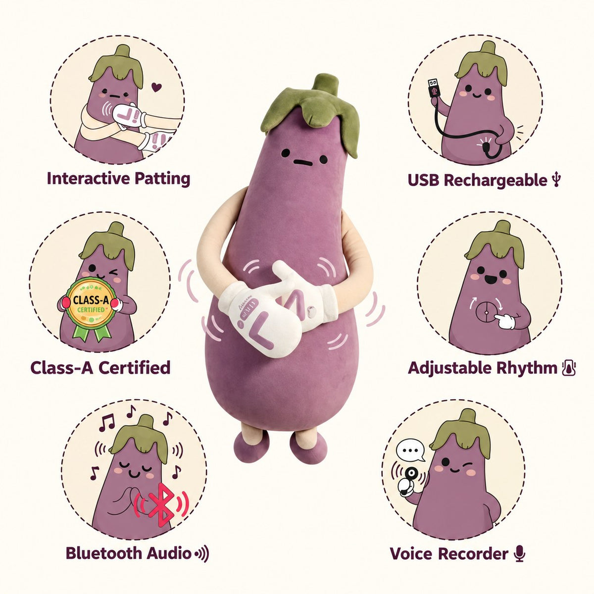 Eddie the Eggplant features: interactive patting, USB rechargeable, adjustable rhythm, voice recorder