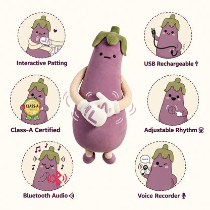 Eddie the Eggplant features: interactive patting, USB rechargeable, adjustable rhythm, voice recorder