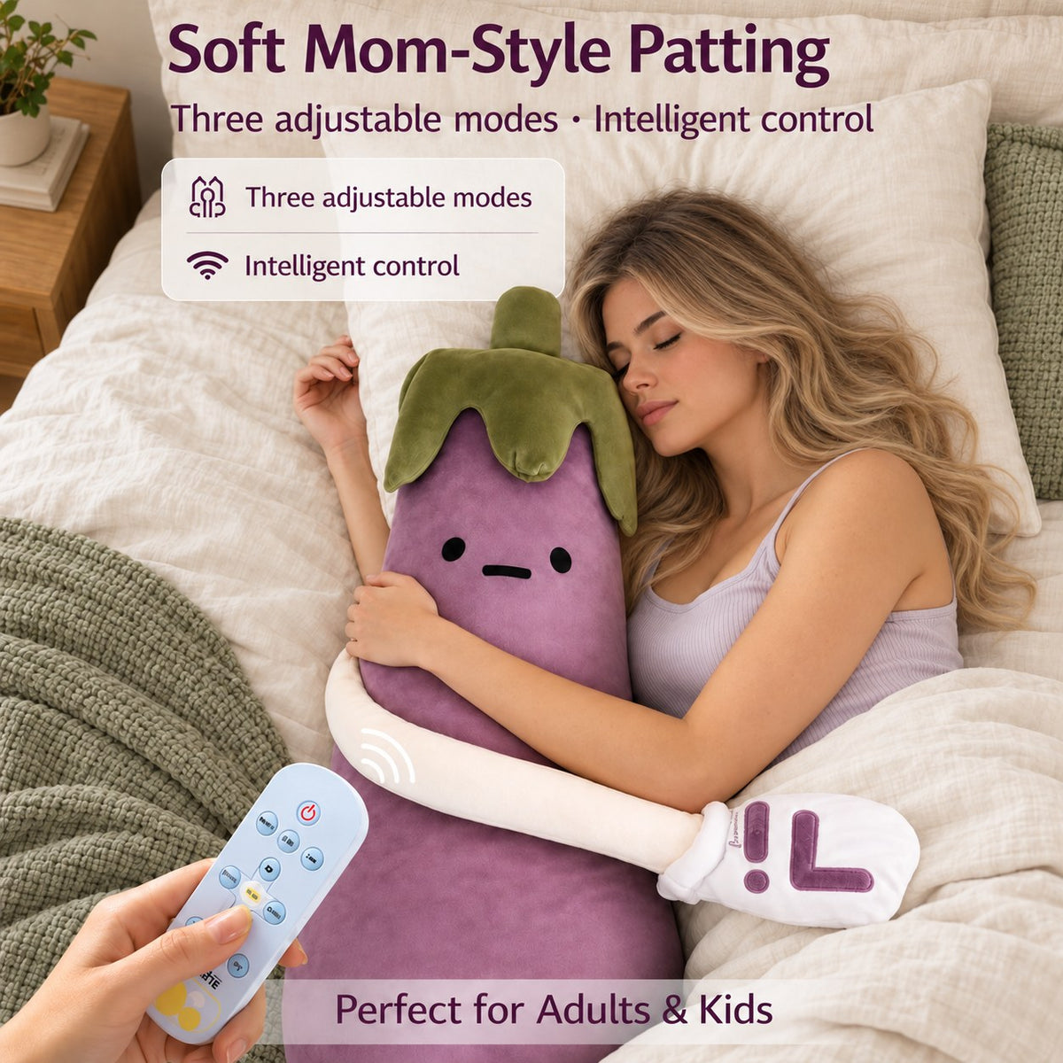 Woman sleeping while hugging Eddie the Eggplant