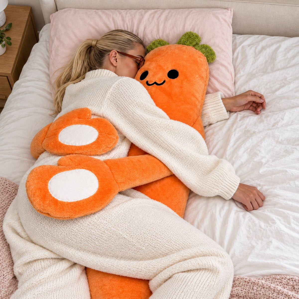 Woman sleeping in bed while hugging Carrie the Carrot