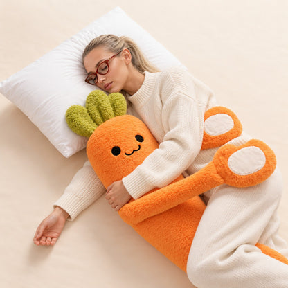 Woman resting with Carrie the Carrot plush pillow