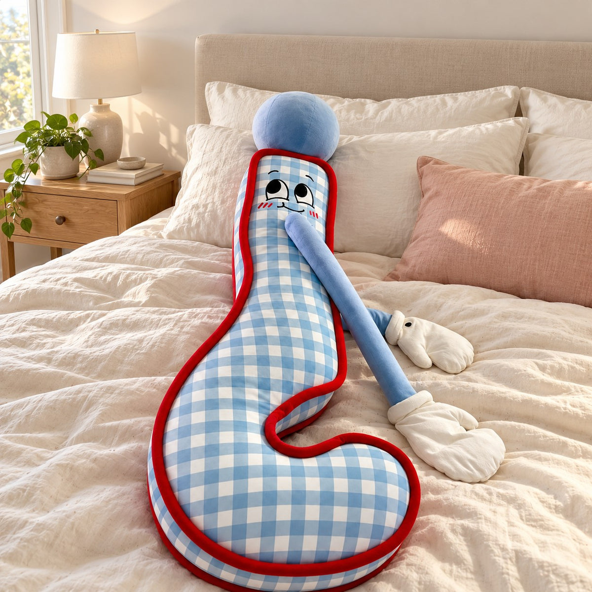 Milo the Mystery plush pillow lying on a cozy bed