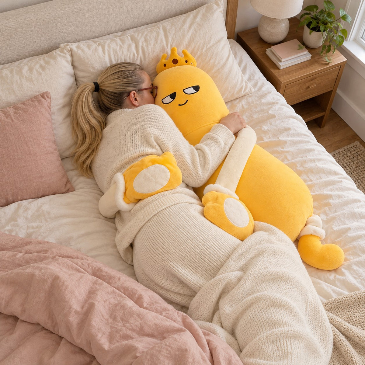 Woman sleeping while hugging Monty the Mango
