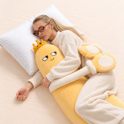 Woman resting with Monty the Mango on her pillow
