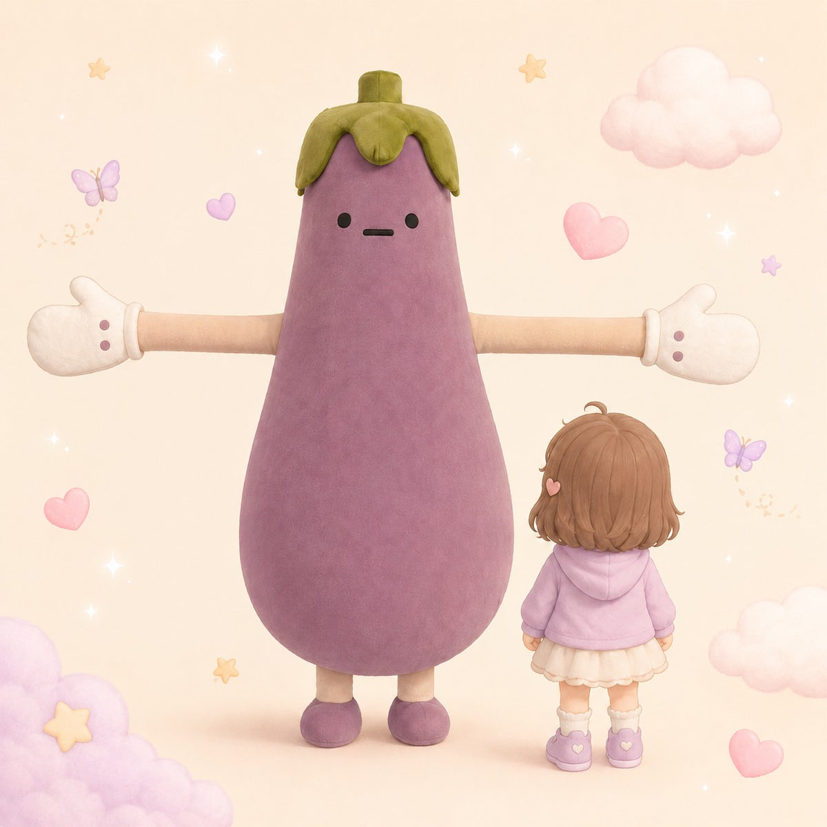 Eddie the Eggplant with open arms next to a child