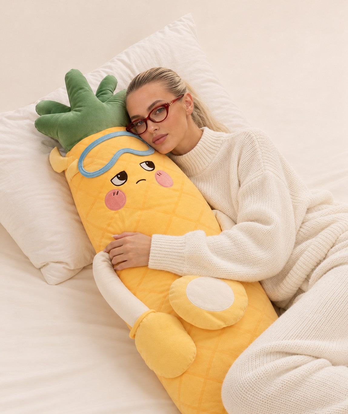Woman resting with Pip the Pineapple
