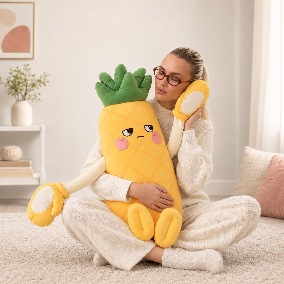 Woman sitting on the floor hugging Pip the Pineapple