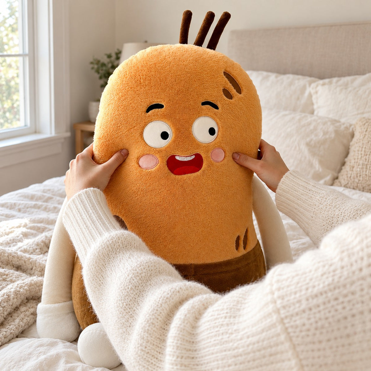 Hands holding Spud the Potato plush pillow