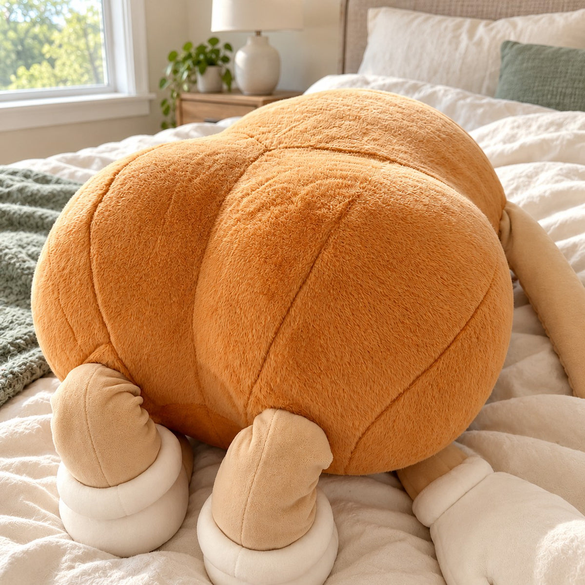 Spud the Potato plush pillow on a bed, back view