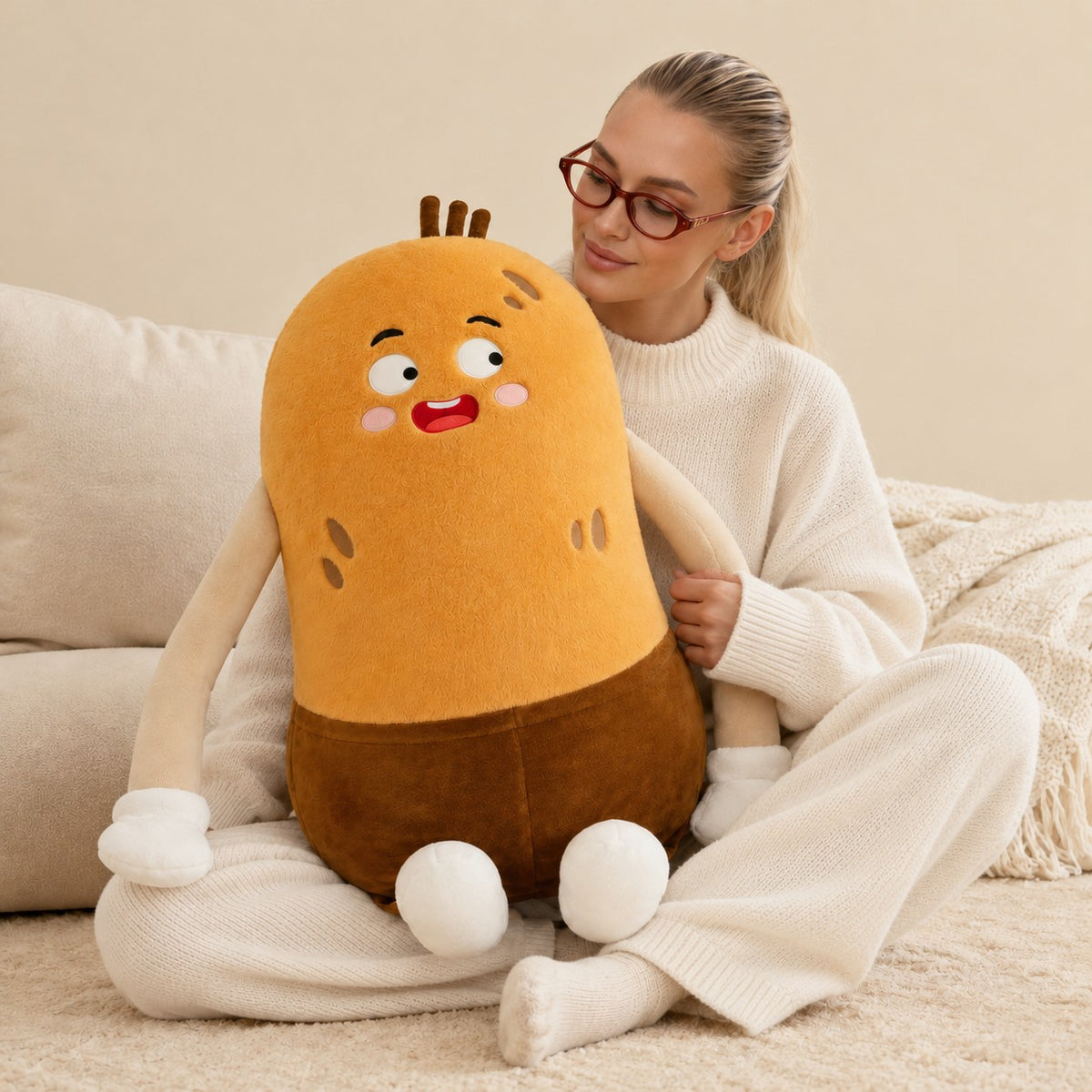 Woman sitting with Spud the Potato plush pillow