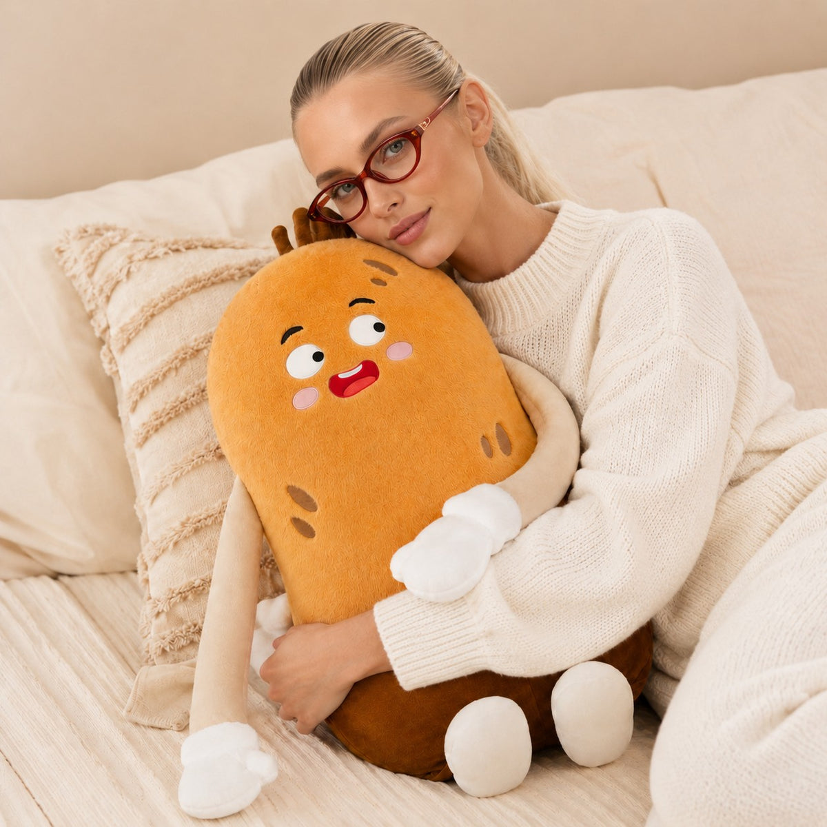 Woman cuddling Spud the Potato on a couch